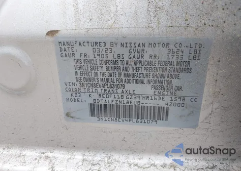 2023 Nissan Versa 1.6 Sv Xtronic Cvt из США, поврежденный, VIN 3N1CN8EV4PL831079